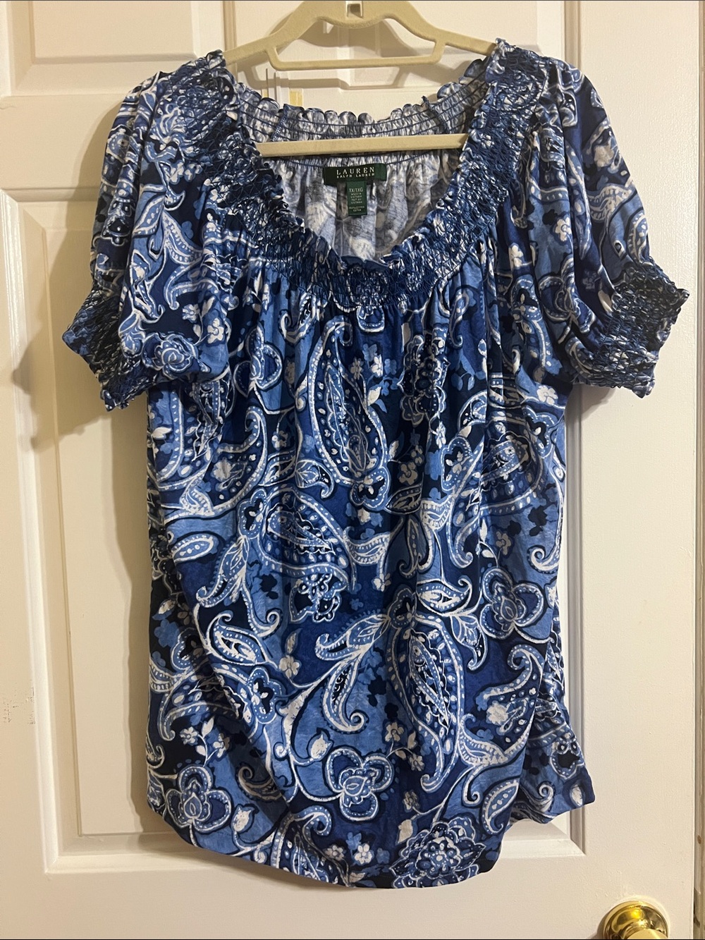 Lauren Ralph Lauren Navy and Light Blue Paisley Smocked Peasant Blouse - Picture 2 of 6
